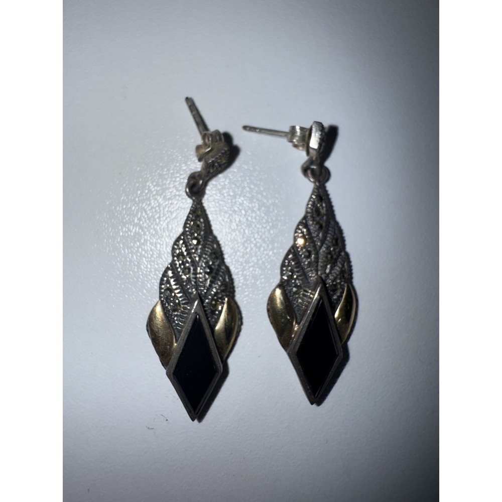 VTG‎ Sterling Silver Art Deco Earrings With Onyx & Marcasite 925